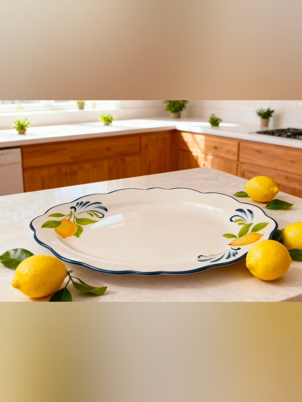 Muchoise 15.75" Ceramic Oval Serving Tray White/Blue Edge